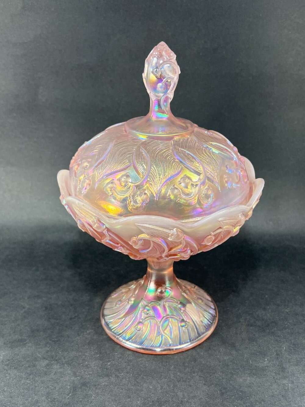 Vtg Fenton Lily Of The Valley Art Glass Pink Opalescent Carnival Iridescent Lid - Picture 2 of 16